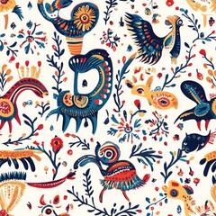 Whimsical Animal Folk Art Seamless Pattern
