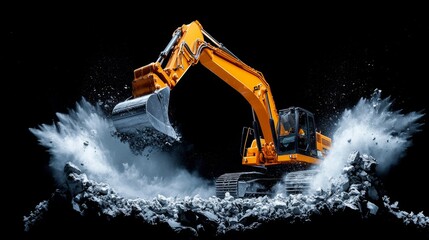 Heavy machinery demolishing concrete debris in an urban construction site at night