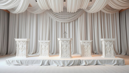 Fototapeta premium Transforming the stage into a picture of elegance the white podiums are beautifully adorned with vintage lace and shimmering pearls ., clipart style