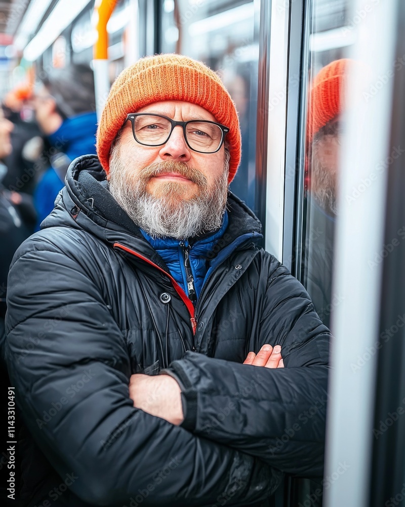 Poster man with a beard wearing a beanie stands in a subway train, arms crossed, surrounded by other commut