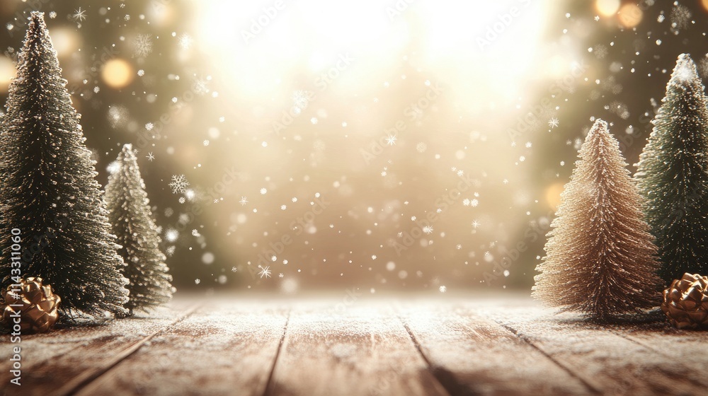 Poster shimmering snowflakes fall on festive pine trees in rustic setting