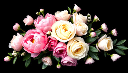 Floral banner, flower cover or header with vintage bouquets. Pink peonies, white roses isolated on black background, vibrant