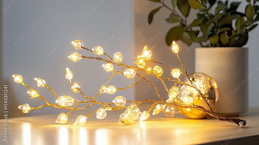 Poster decorative fairy lights on branch with soft glow in modern setting