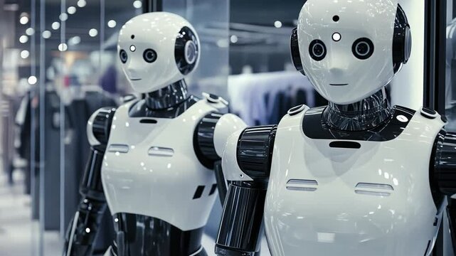 Humanoid Robots: Two advanced humanoid robots stand side-by-side, showcasing their sleek design and intricate details, hinting at a future filled with intelligent machines. 