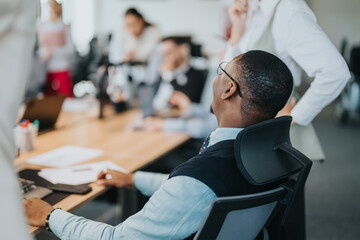 Business workers engage in a productive meeting around a table, discussing ideas and strategies. This image reflects teamwork and collaboration among business people in a modern office environment.
