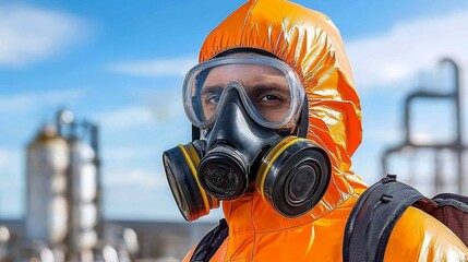 Naklejka premium Worker in protective suit and gas mask surveys industrial site under clear blue sky during daytime