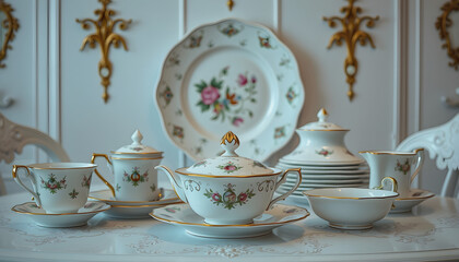 vintage dining set tableware Porcelain Meissen Keramik, glowing neon, with white tones