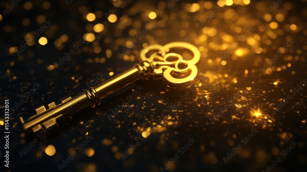 Poster a golden key resting on a sparkling surface, symbolizing mystery and opportunity.
