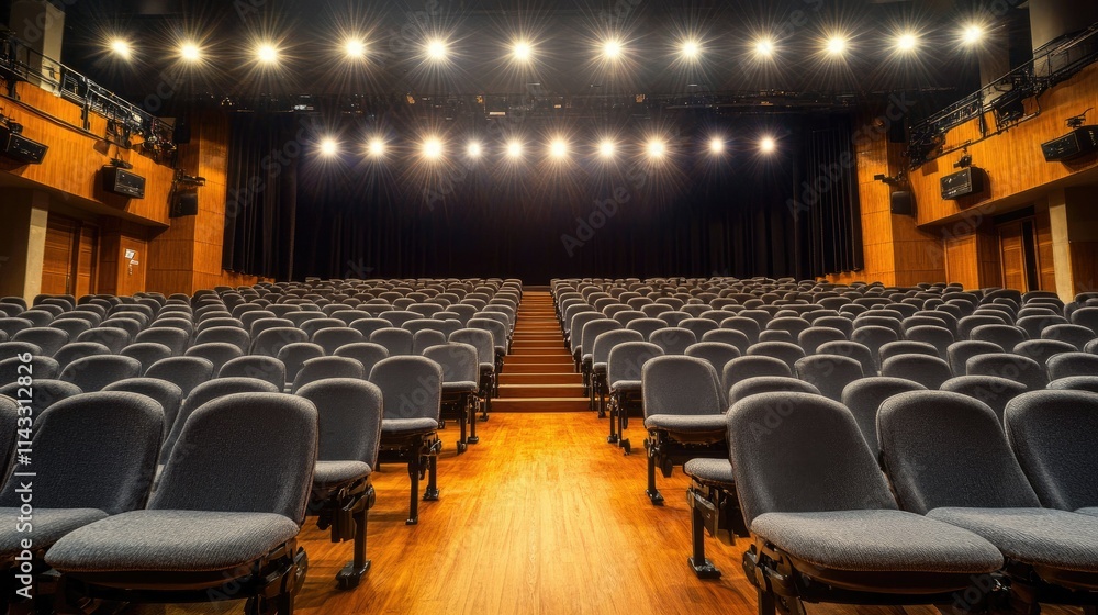 Poster empty auditorium with rows of seats and stage lights overhead
