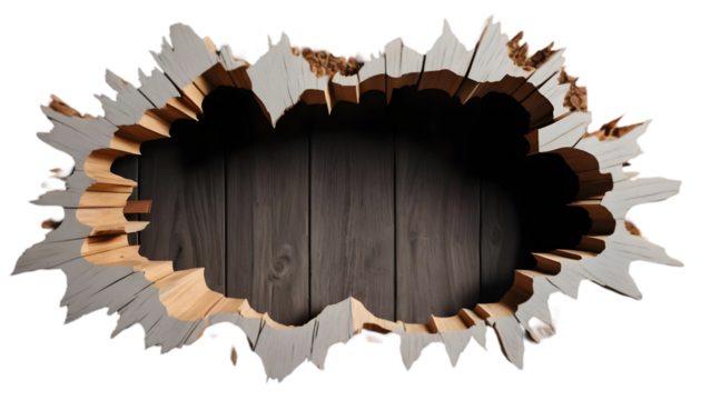 A set of wooden wall holes with splintered edges, isolated on a transparent background. Perfect for creative designs, construction themes, and dramatic effects.
