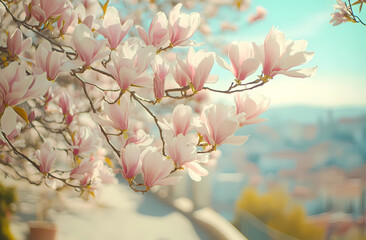 Beautiful blooming magnolia flowers in spring against the backdrop of a cityscape, with pastel...