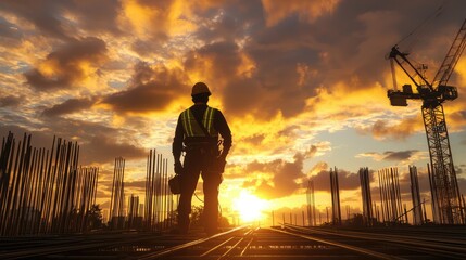 Fototapeta premium Construction Worker Silhouette Against Dramatic Sunset Sky