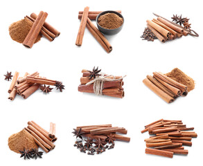 Set of aromatic cinnamon on white background