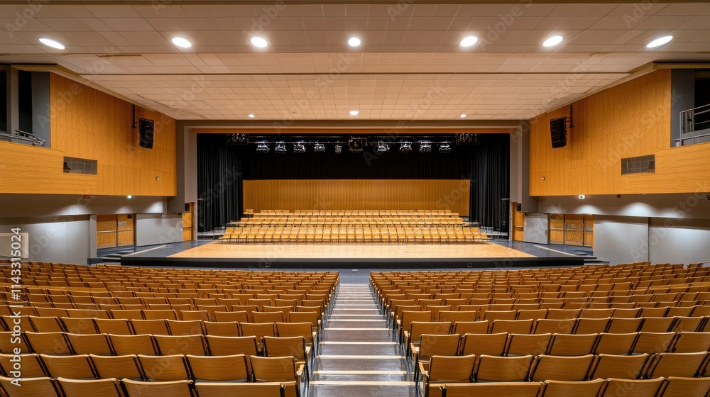 Poster empty auditorium with rows of seats and stage lighting setup