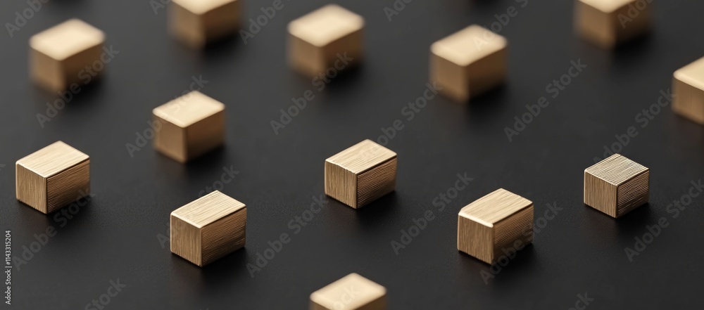 Poster golden cubes scattered on a black surface, creating an abstract pattern.