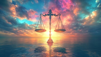 Scales of Justice at Sunset Over Calm Waters