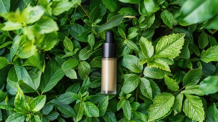 Eco-Friendly Skincare Product Surrounded by Lush Green Leaves in a Natural Setting