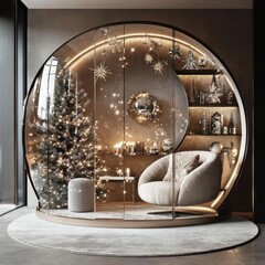 Circular glass room with Christmas tree, armchair, and decorations.