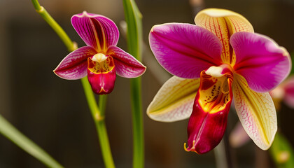 Orchid - left Paphiopedilum venustum and right Cattleya Skinneri / vintage illustration, blurry foreground, with white tones