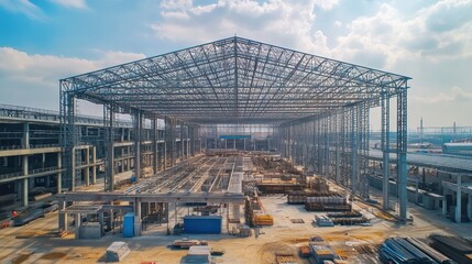 Fototapeta premium A large industrial construction site with a steel framework and building materials.