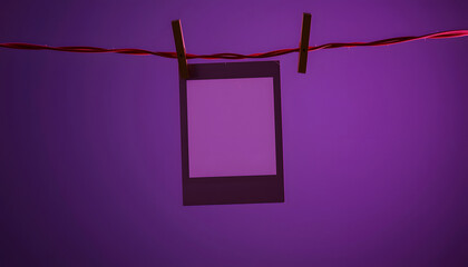 Blank instant photo hanging on the clothesline, glowing neon, with white tones