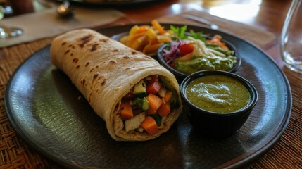 Freshly Prepared Wrap with Colorful Vegetables and Dips Served
