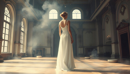 Naklejka premium Lady in white vintage dress standing in a large spacious room , fantastic shot, fairytale princess turned into smoke , trendy toning , creative computer colors, color sketch