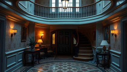 Obraz premium Vintage home entrance with circular staircase, Diffused lighting, with white tones