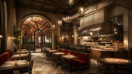 Cozy Modern Restaurant Interior with Warm Ambience and Autumn View