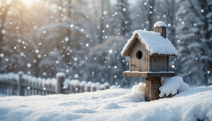 Snowy Birdhouse Winter Scene Snowfall Nature