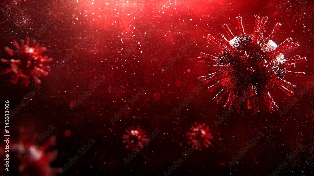 Poster red microorganisms on dark background representing virus structure in abstract artistic style