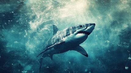 Fototapeta premium A majestic shark swimming in the ocean depths, showcasing marine life.