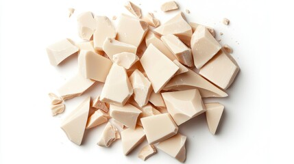 broken white chocolate assortment, top-down view, natural edges and creamy color, bright lighting, isolated on white background