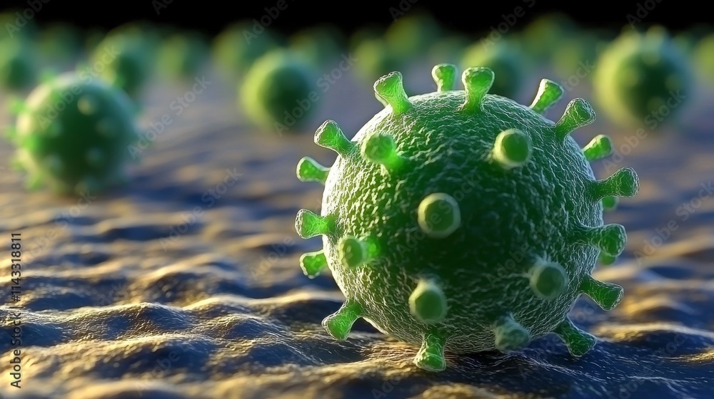 Poster microscopic view of green viruses on a textured surface representing pathogen interaction in a biolo