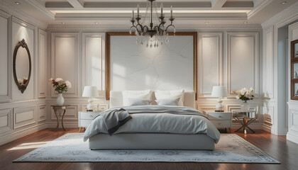 White luxurious bedroom mock-up with frame for picture, dramatic