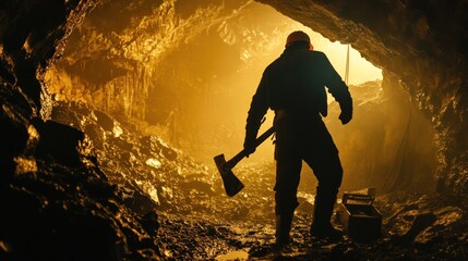 Obraz premium Silhouetted Miner in a Cave