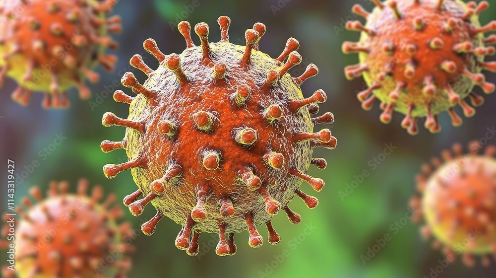Poster close-up view of virus with spike proteins on surface against defocused background in abstract style