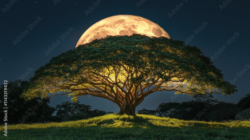 Poster a majestic tree illuminated by a full moon, creating a serene nighttime landscape.