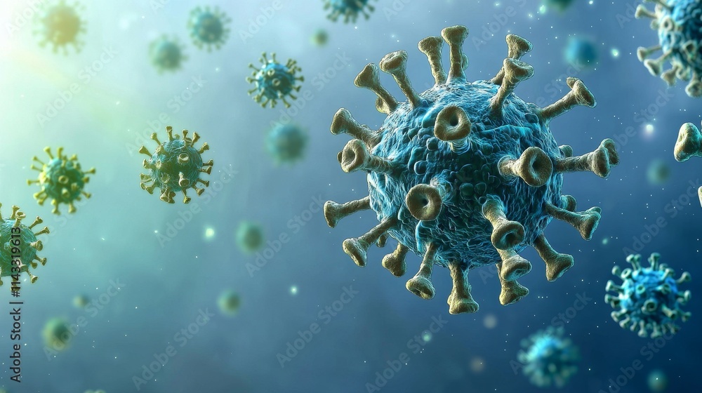 Poster colorful illustration of virus particles under microscope in abstract science background with soft l