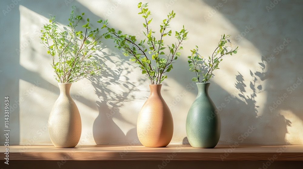 Poster three minimalist vases with greenery displayed on a shelf in soft afternoon light