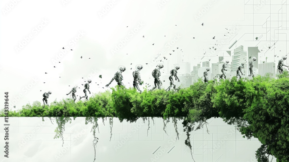Poster ai-generated art showing robots walking on a lush green platform in a futuristic urban environment. 
