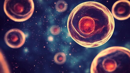 Fototapeta premium Colorful Microbiology Illustration with Cells and Nuclei in a Dynamic Scientific Background