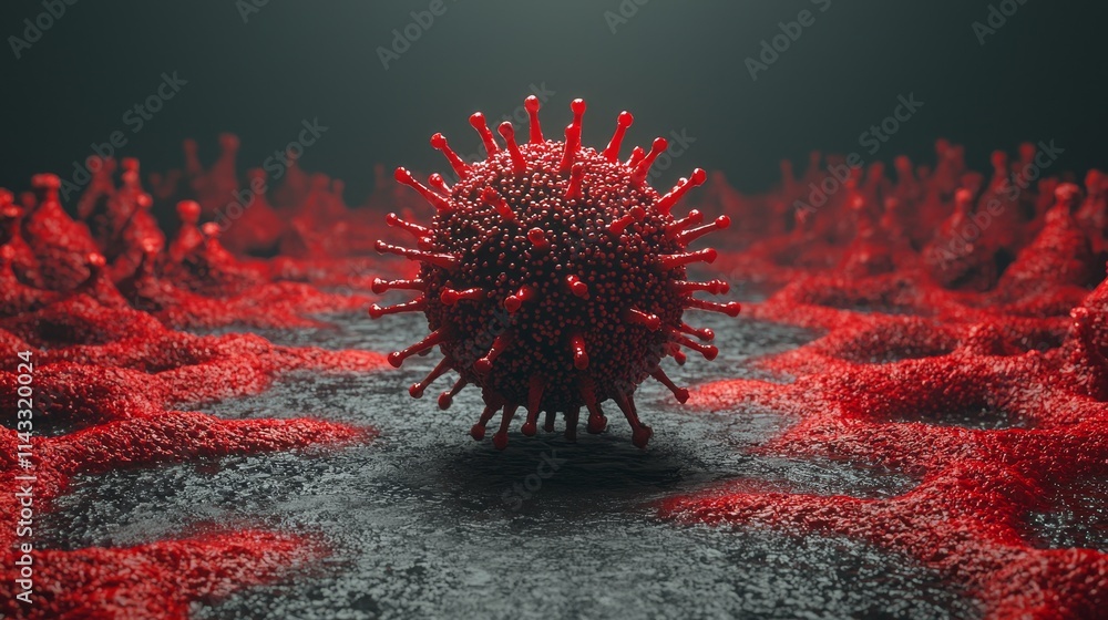 Poster close-up view of red virus structure on abstract textured background in a scientific conceptual illu