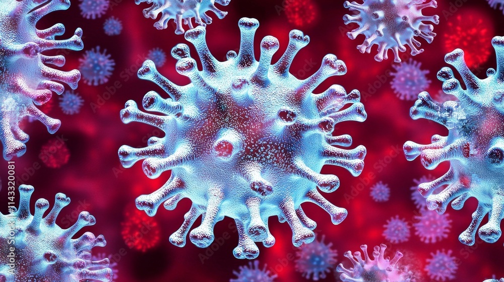Poster detailed close-up of colorful virus structure against abstract red background in microscopic view