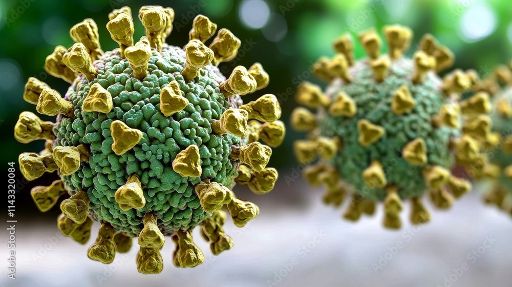 Poster detailed visualization of coronavirus structure with surface projections and virus particles in focu