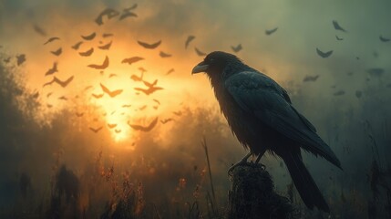 Fototapeta premium Black crow is perched on a tree stump in a field of tall grass