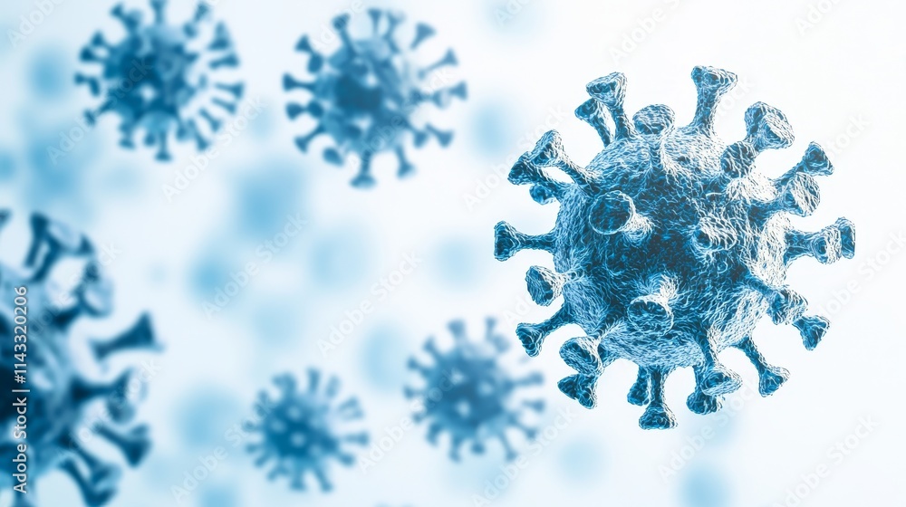 Poster macro close-up of virus structure with detailed features in blue and silver tones on a light backgro