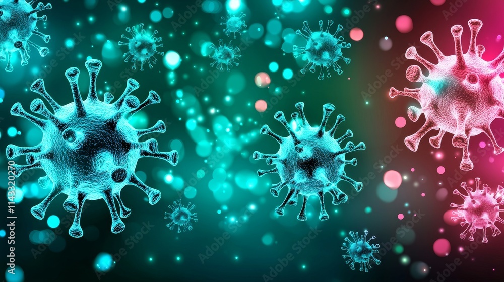 Poster colorful microbial visualization of pathogens in abstract background of virus structures and bokeh l