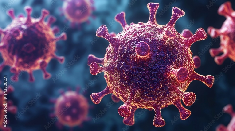 Poster detailed microbial structure of a virus with colorful features and intricate surface patterns in a s
