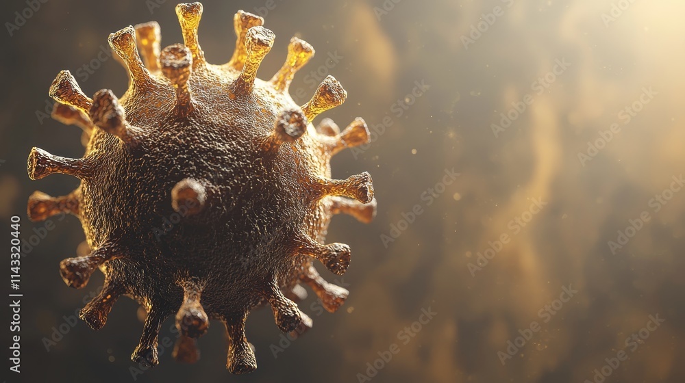 Poster magnified view of a virus structure with intricate details and textures against a soft glowing backg